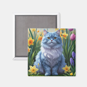 Orientalische Blaue Katze Frühjahrsblumenmalerei Magnet