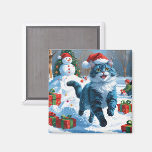 Orientalische blaue Katze sitzt in einem Schneehut Magnet