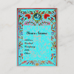 ORIENTALISCHE BLUMEN DAMAST MONOGRAMM Blau Türkis Visitenkarte