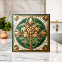Orientalische Blumenornamentfliese - Grün und Gold