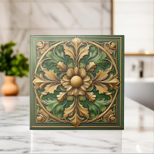 Orientalische Blumenornamentfliese - Grün und Gold