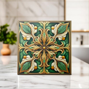 Orientalische Blumenornamentfliese - Grün und Gold Fliese