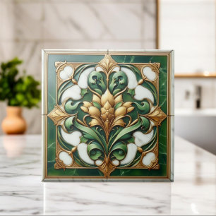 Orientalische Blumenornamentfliese - Grün und Gold Fliese