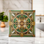 Orientalische Blumenzille - Grün und Gold Fliese<br><div class="desc">Orientalische Blumenzille - Grün und Gold</div>