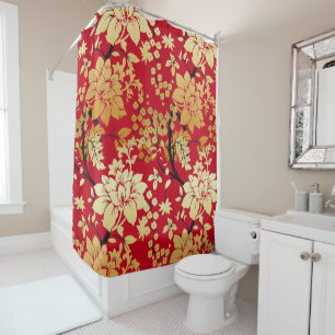 Orientalische Golden Blume auf Rot Duschvorhang