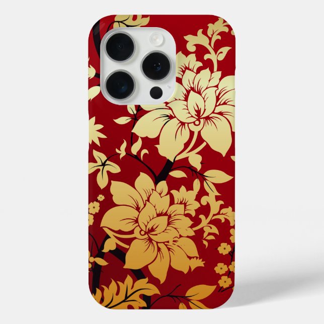 Orientalische Golden Blume auf Rot iPhone 15 Pro Hülle (Rückseite)