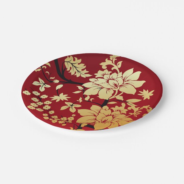 Orientalische goldene Blumen auf Rot Pappteller (Schrägansicht)