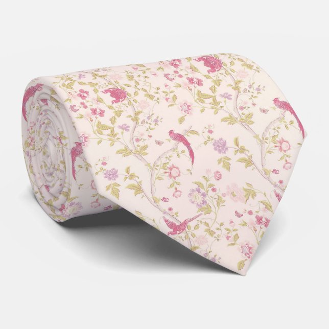 Orientalische Vögel auf blassrosa Neck Tie Krawatte (Gerollt)