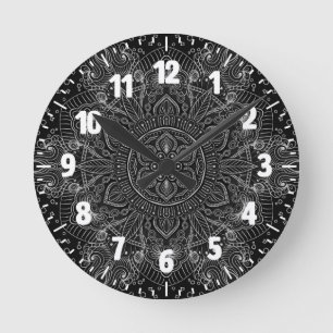 Orientalische Zen-Mandala Schwarzweiss Runde Wanduhr