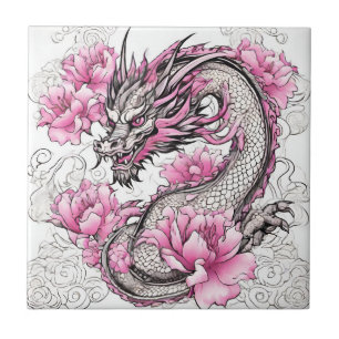 Orientalischer Drache mit lebendigen rosa Blüten Fliese