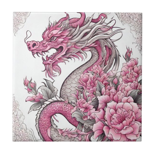 Orientalischer Drache und rosa Blume Fliese (Vorderseite)