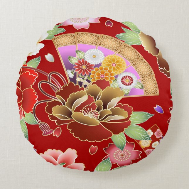 Orientalischer Fan japanisch Rundes Kissen (Vorderseite)