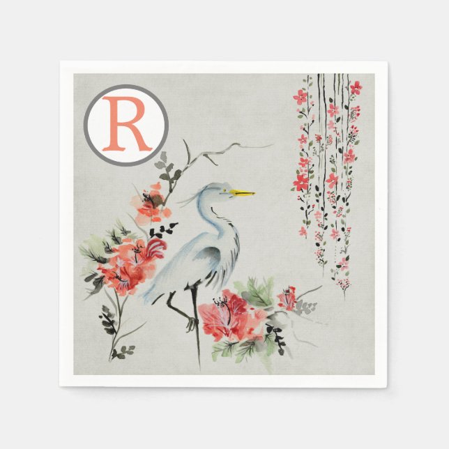 Orientalischer Kranich Pink Floral Chinoiserie Mon Serviette (Vorderseite)