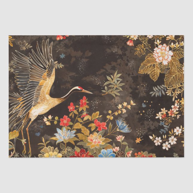 Orientalischer Kranich und florale Eleganz Seidenpapier (Vorderseite)