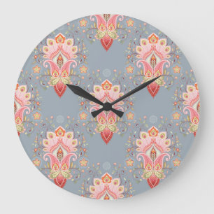 Orientalischer Paisley-Pfauenfeder-Hintergrund Große Wanduhr