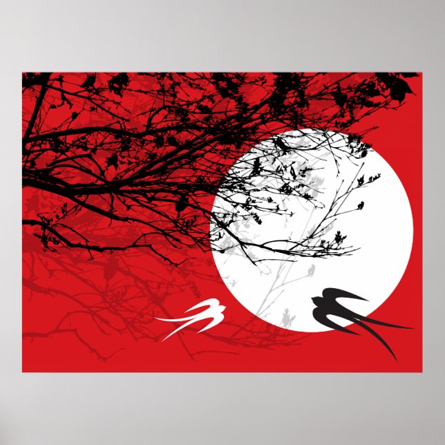 Orientalischer Schwalber im Mondlicht Zen-rotes Po Poster (Vorne)