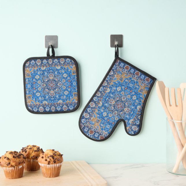 Orientalischer türkischer Teppich Blau Ofenhandschuh & Topflappen-Set (Insitu (Hängend))