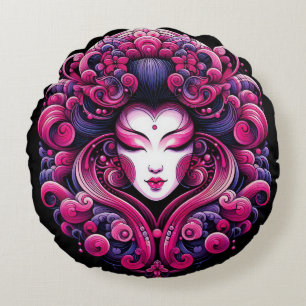 Orientalischer Vektor abstrakt Geisha Fraktal Rosa Rundes Kissen