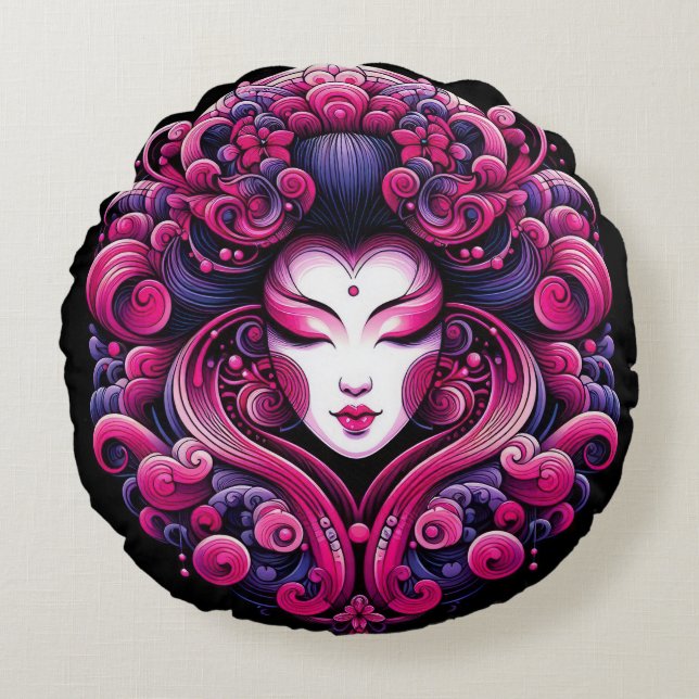 Orientalischer Vektor abstrakt Geisha Fraktal Rosa Rundes Kissen (Vorderseite)