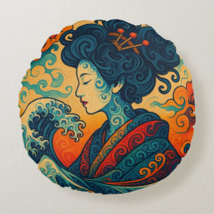 Orientalischer Vektor abstrakt Geisha Kanagawa Wel Rundes Kissen