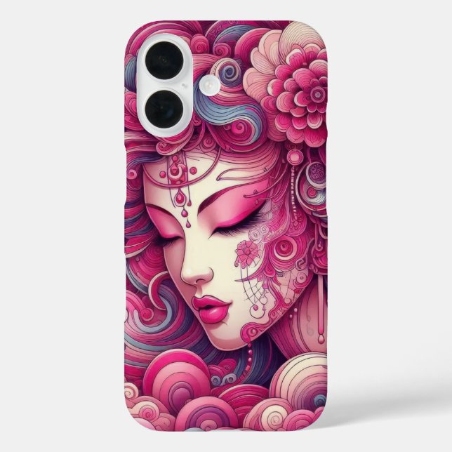 Orientalischer Vektor abstrakt Geisha Rosa Fraktal iPhone 16 Hülle (Rückseite)