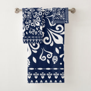 Orientalisches Damast-Blau und Weiß Badhandtuch Set