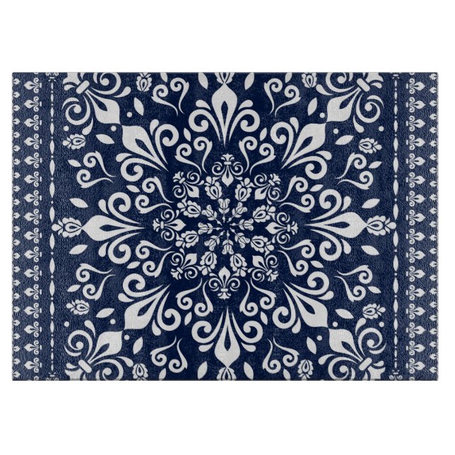 Orientalisches Damast-Blau und Weiß Schneidebrett (Vorderseite)