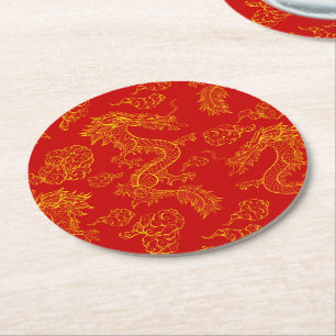 Orientalisches Drachenmuster Gold und Rot  Runder Pappuntersetzer