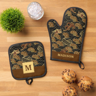 Orientalisches Drachenmuster Ofenhandschuh & Topflappen-Set