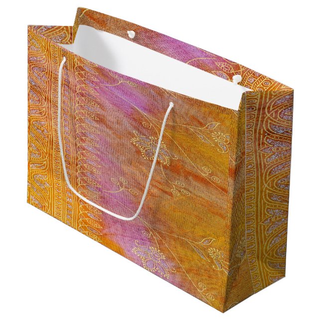 Orientalisches Gold- und Orangenmaterial Große Geschenktüte (Vorderseite Schrägansicht)