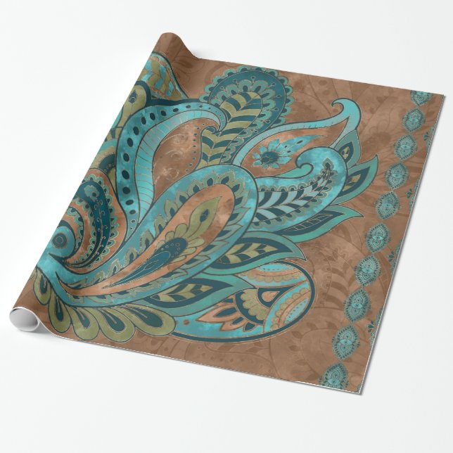 Orientalisches Paisley-Muster-Aquarell und Gold Geschenkpapier (Ungerollt)