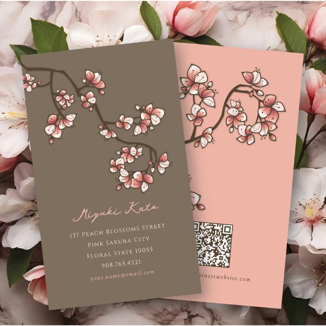Orientalisches Rosa Pfirsichblüten Elegantes Chic  Visitenkarte (Oriental Pink Peach Blossoms Elegant Chic Sakura Spring Flowers Business/Profile Card @ fat_fa_tin)
