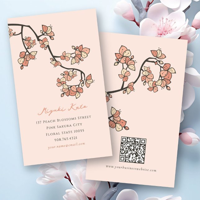 Orientalisches Rosa Pfirsichblüten Elegantes Chic  Visitenkarte (Oriental Pink Plum/Peach Blossoms Elegant Chic Floral Sakura Business/Profile Card @ fat_fa_tin)