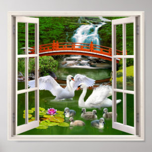 ORIENTALISCHES SCHWAN-GARTEN-FAKE-FENSTER-PLAKAT POSTER