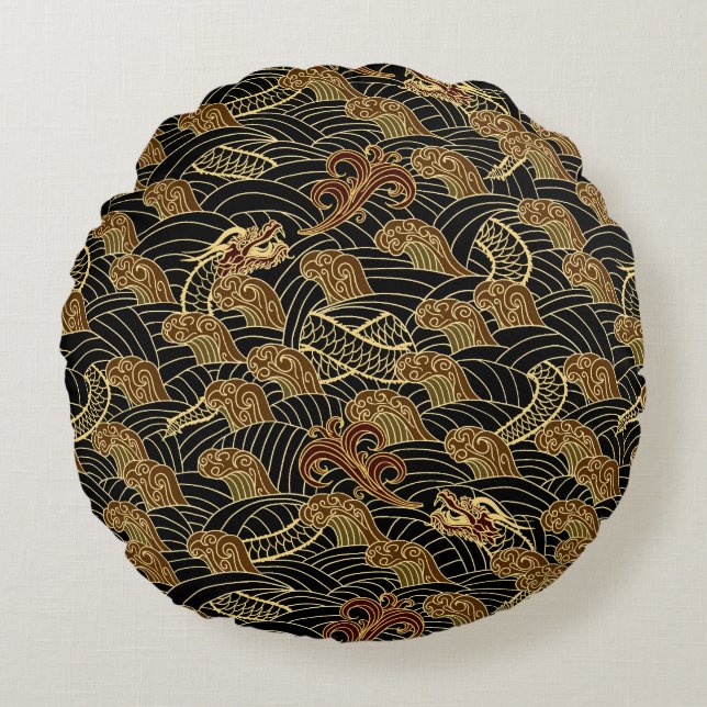 Orientalisches Seedrache-Muster Rundes Kissen (Vorderseite)