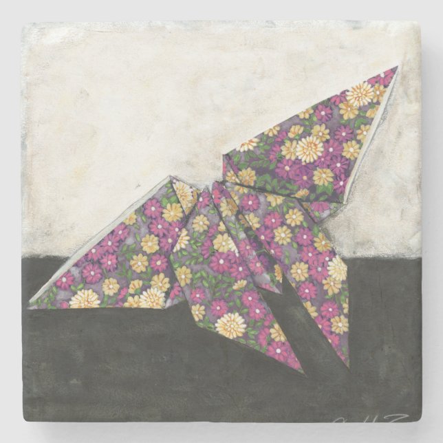 Origami Butterfly auf Blumenpapier Steinuntersetzer (Vorderseite)