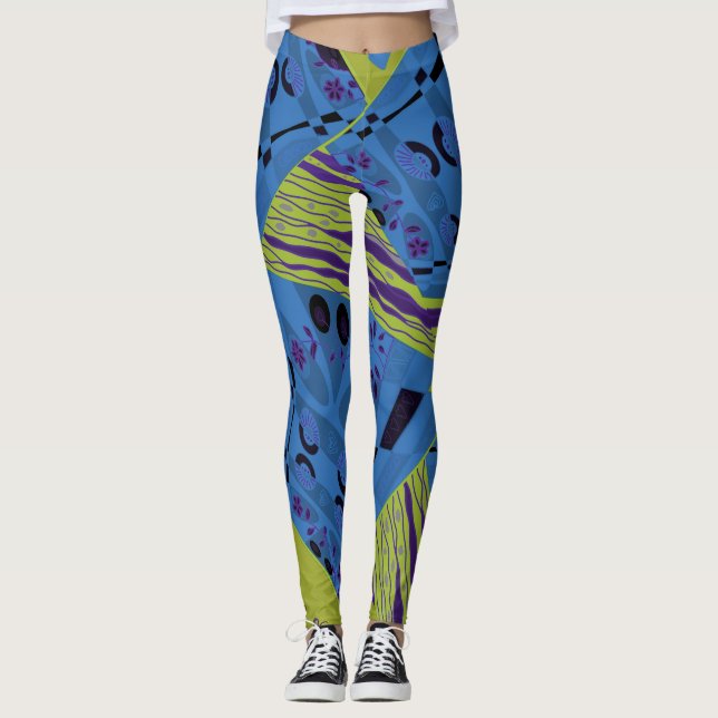 Origami Chintz (L) Blue Indigo Olive Black Leggings (Vorderseite)