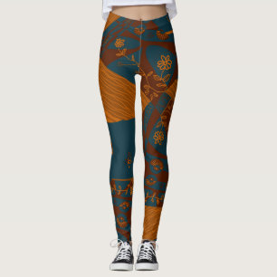 Origami Chintz (L) Maroon Orange Aquamarine Leggin Leggings