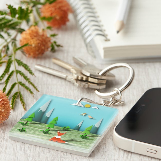 Origami Forest Szene mit Fox Mountains und Vögeln Schlüsselanhänger (Von Creator hochgeladen)