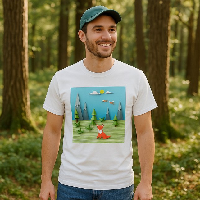Origami Forest Szene mit Fox Mountains und Vögeln T-Shirt (Von Creator hochgeladen)