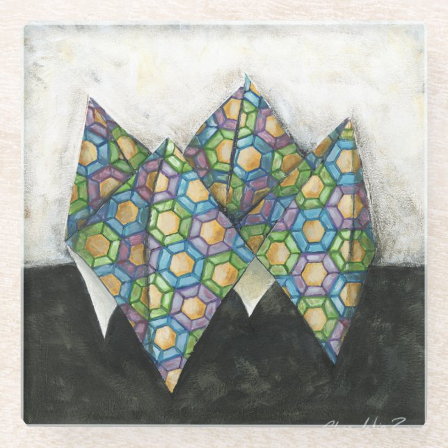 Origami Fortune Teller auf geometrischem Papier Glasuntersetzer (Vorderseite)