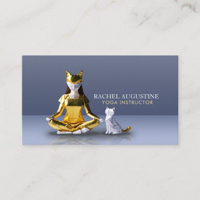 Origami Gold Foil Yoga Meditating Catwoman und Cat Visitenkarte (Vorderseite)