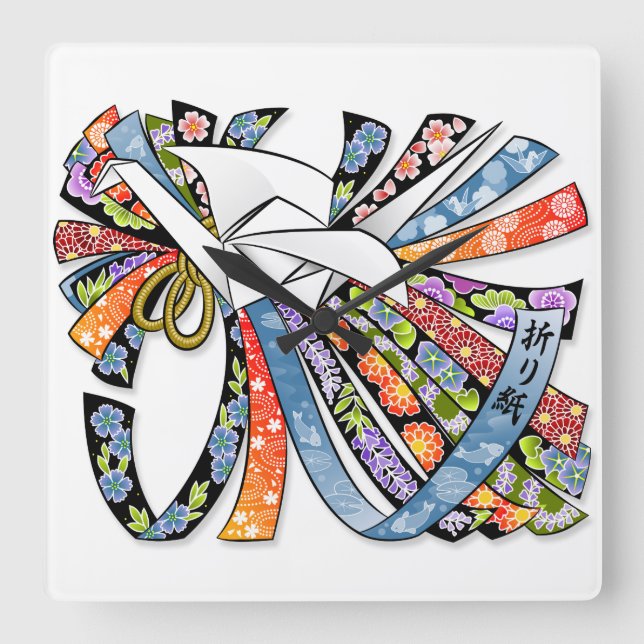 Origami Kran-japanisches Papier-viel Glück Noshi Quadratische Wanduhr (Vorderseite)
