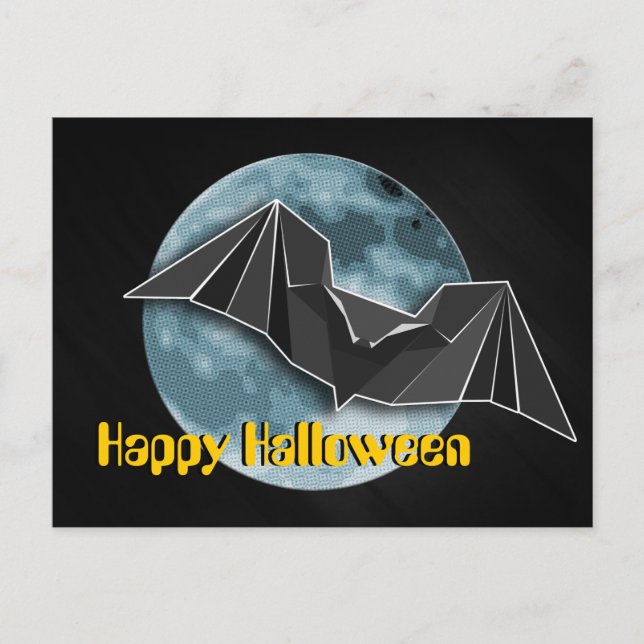 Origami Paper Bat mit Vollblau/gelb/braunem Mond Postkarte (Vorderseite)