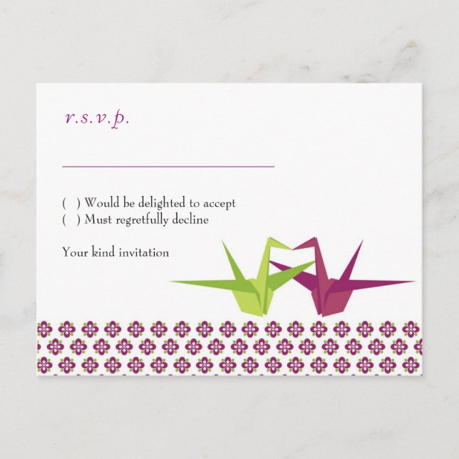 Origami Paper Crane Wedding Einladungspostkarte (Vorderseite)