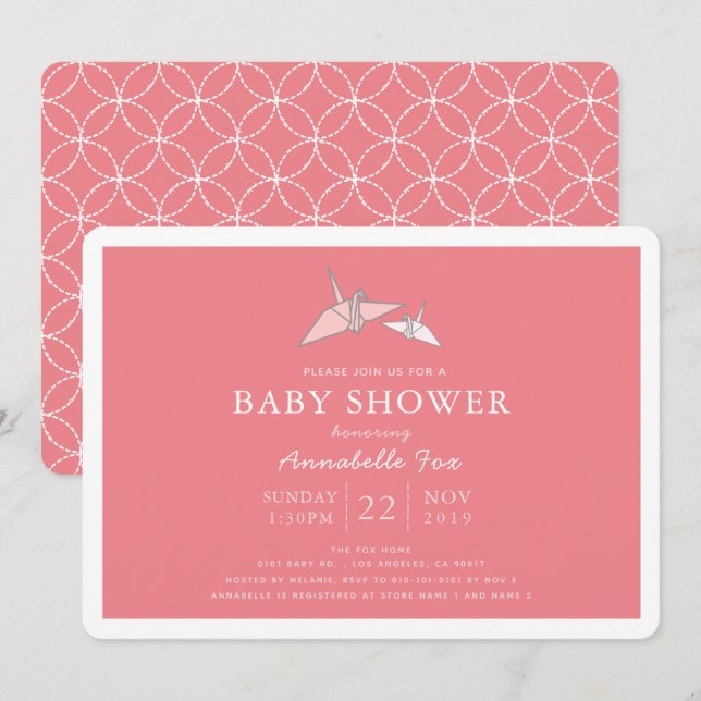 Origami Paper Cranes Pink Baby Dusche Einladung (Vorne/Hinten)
