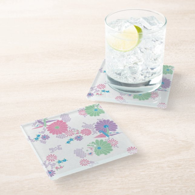 Origami Paper Crans and Blume Glass Untersetzer (Schrägansicht)