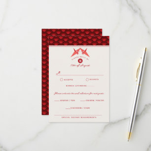 Origami Red Paper Cranes Scallop Asiatische Hochze RSVP Karte