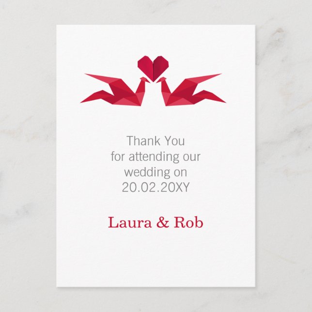 Origami rote Krane Hochzeit Danke Postkarte (Vorderseite)