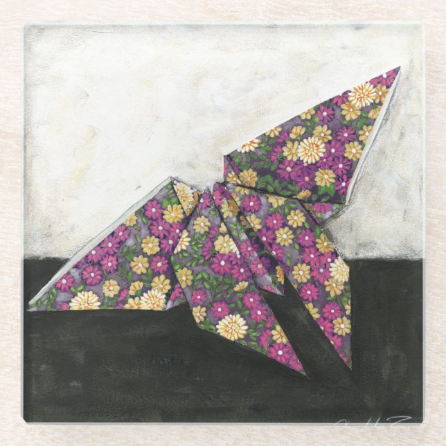 Origami Schmetterling auf Blumenpapier Glasuntersetzer (Vorderseite)